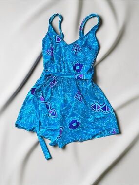 VTG Maxine of Hollywood One Piece Swim Romper Blue Purple Abstract Geometric